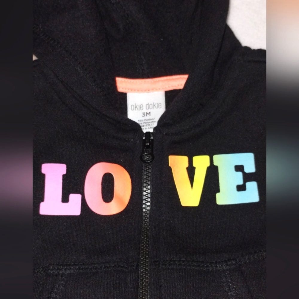Dokie Infant Girl's Black Zip Up LOVE  Hoodie Size 3M EUC